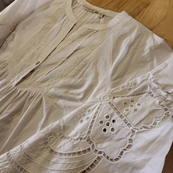 Soft Surroundings White Eyelet Cotton Blouse Pintuck Pleat 3/4" Sleeve XS - Picture 6 of 12